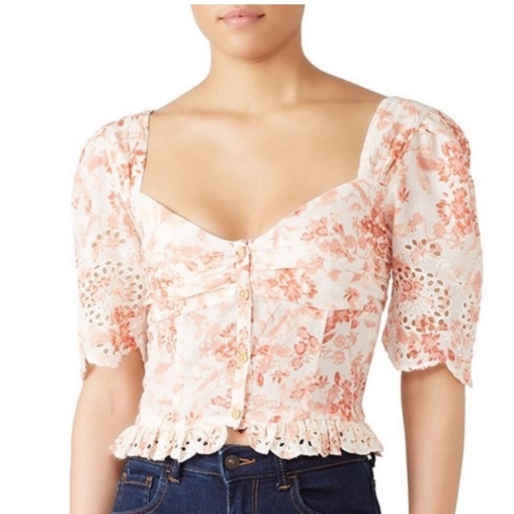 Saylor Floral Eyelet Puff Sleeve Crop Top Sweetheart Smocked Blouse Small